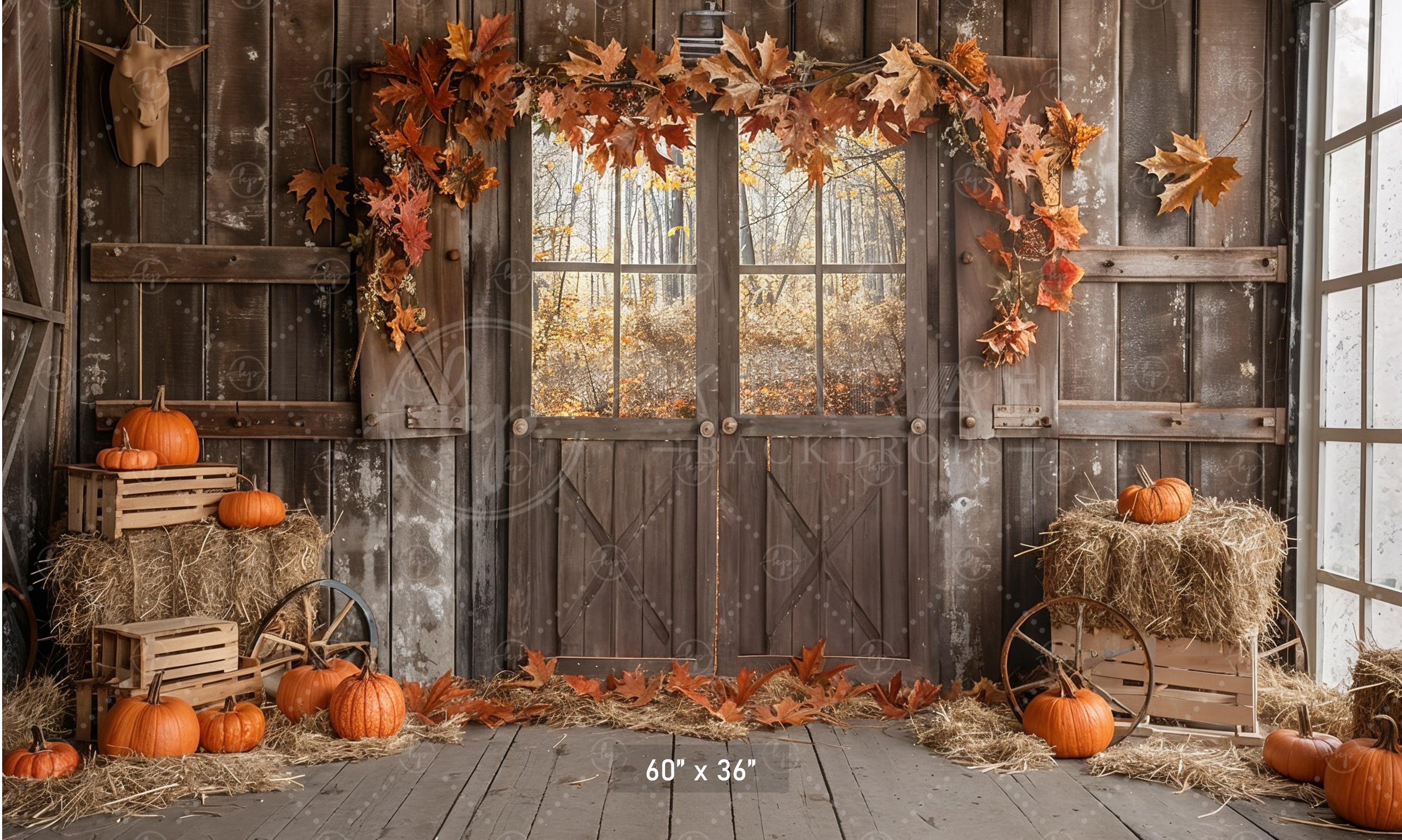 Autumn Barn Door Hay and Pumpkins Backdrop